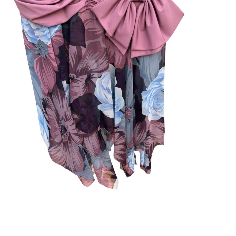 Floral Asymmetric Draped Bow Dress 16 VTG 80s Sheer Purple Blue Ruched Maiello - Picture 4 of 7